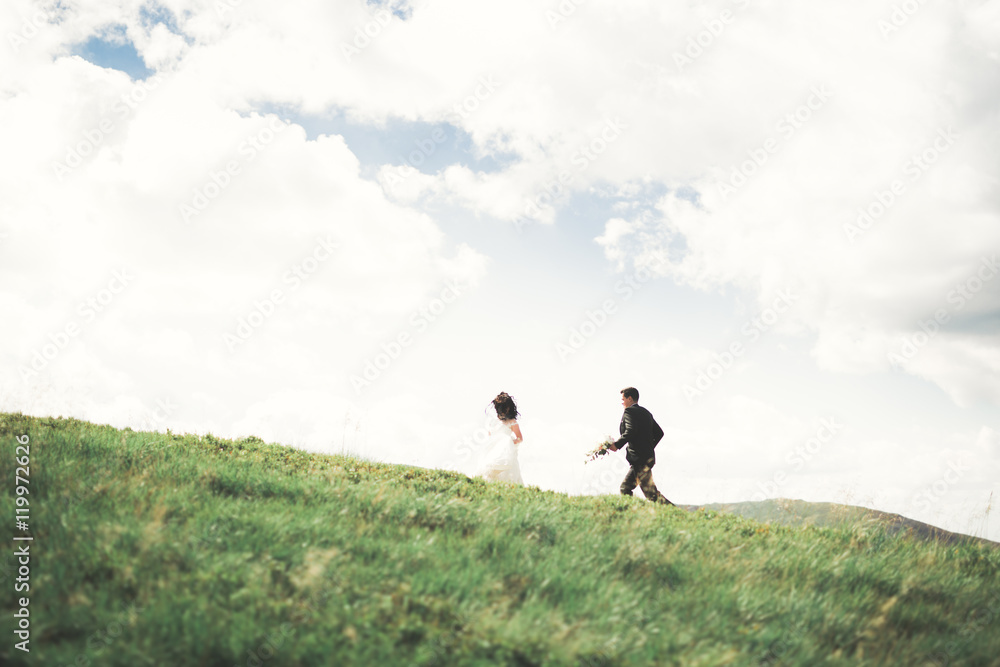 Gorgeous bride and stylish groom walking at sunny landscape, wedding couple, luxury ceremony mountains with amazing view, space for text