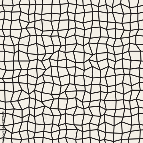 Vector Seamless Black and White Distorted Rectangle Mosaic Grid Pattern