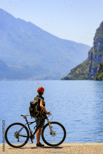 Mountain biking on Lake Garda, Riva del Garda, Italy. Amazing view of Lake Garda.