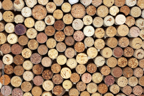 used wine bottles corks background close up