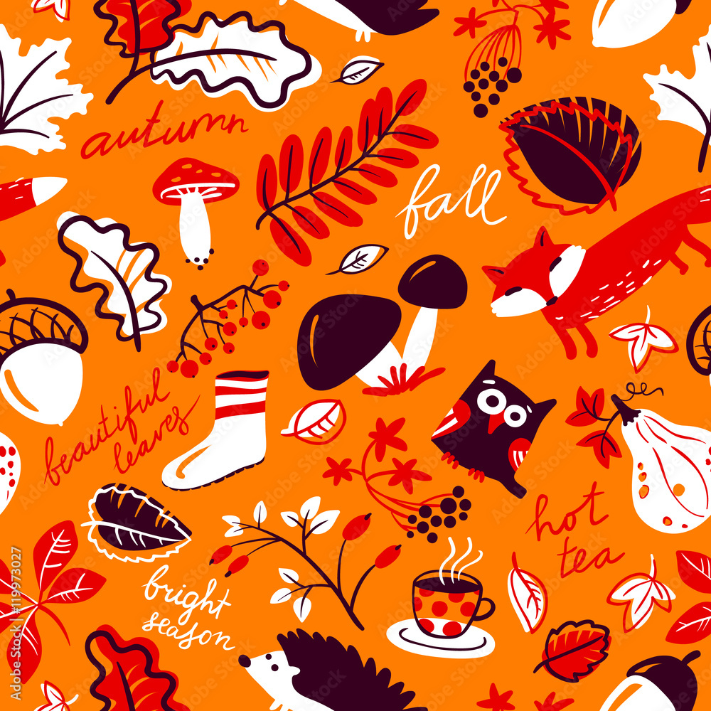 Autumn vector background with wild animals and season nature plants