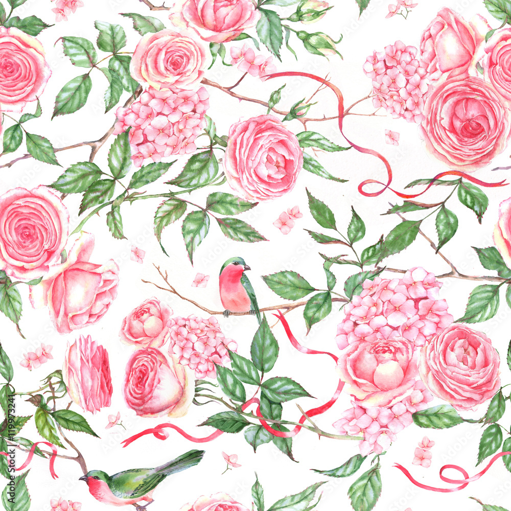 Hand-drawn watercolor repeated pattern with pink roses, hydrangea, leaves, branch, bird. Romantic spring floral seamless pattern for textile, wallpapers
