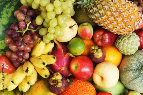 Fototapeta Naklejka Na Ścianę i Meble -  Many fresh fruits mixed, fruits background