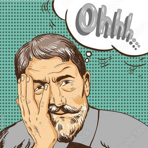Old man in pop art retro comic style. Oh emotional reaction speech bubble