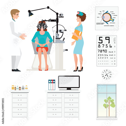 Doctor and patient at Ophthalmologist with Phoropter isolated on