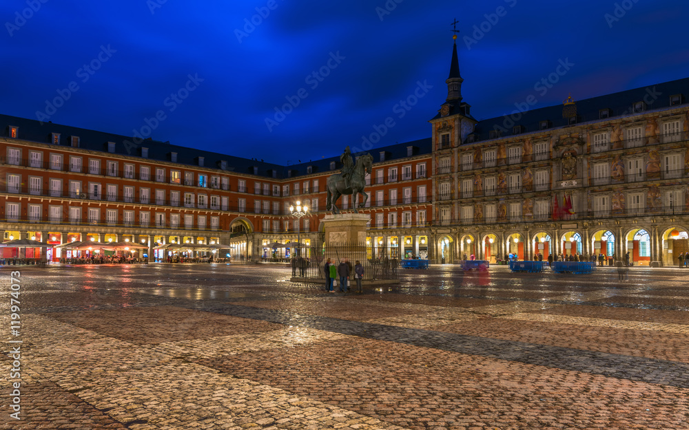 Night view of Plaza Mayor in Madrid , Spain