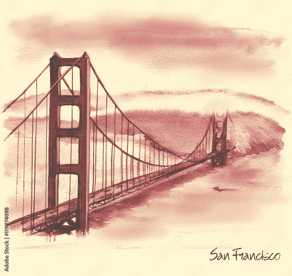 Fototapeta premium Hand-drawn watercolor drawing of the American landscape and famous building. Illustration of the Golden Gates Bridge in the retro style