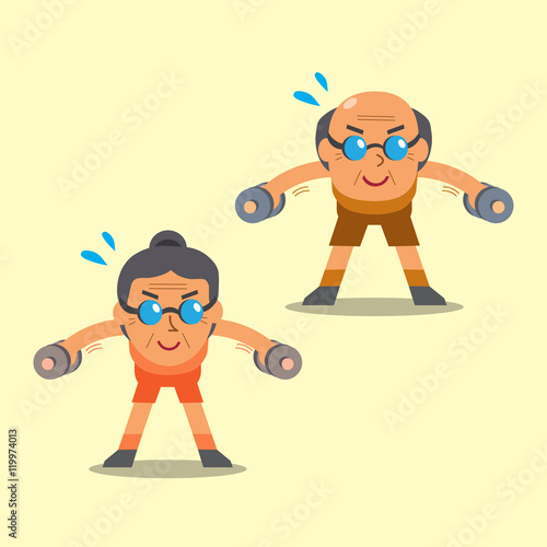 Cartoon senior man and woman doing dumbbell bent over lateral raise exercise