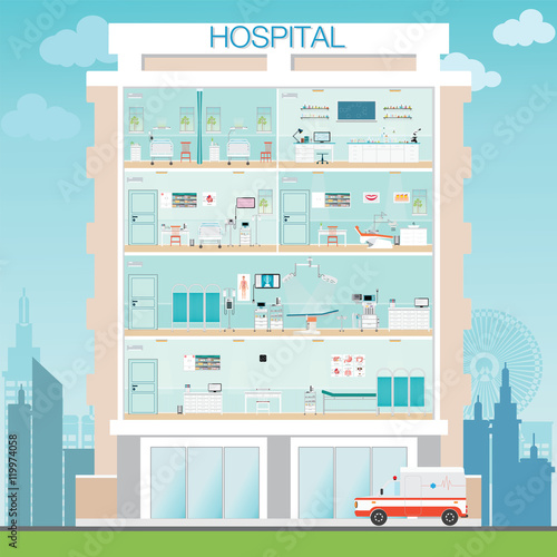 Hospital building exterior with Medical hospital surgery operati