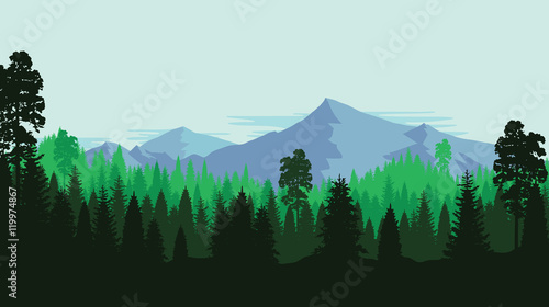 Mountain and forest landscape in day, in green tone. Flat landscape. Vector illustration.