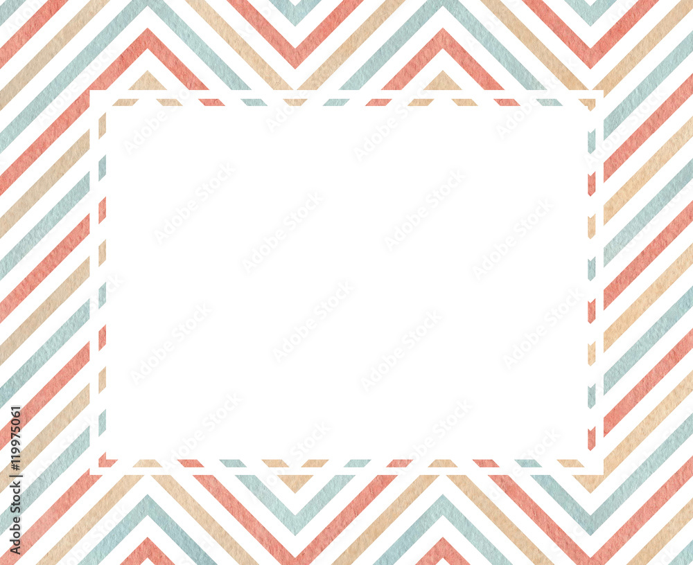 Obraz premium Blue, pink and beige stpiped chevron watercolor frame.