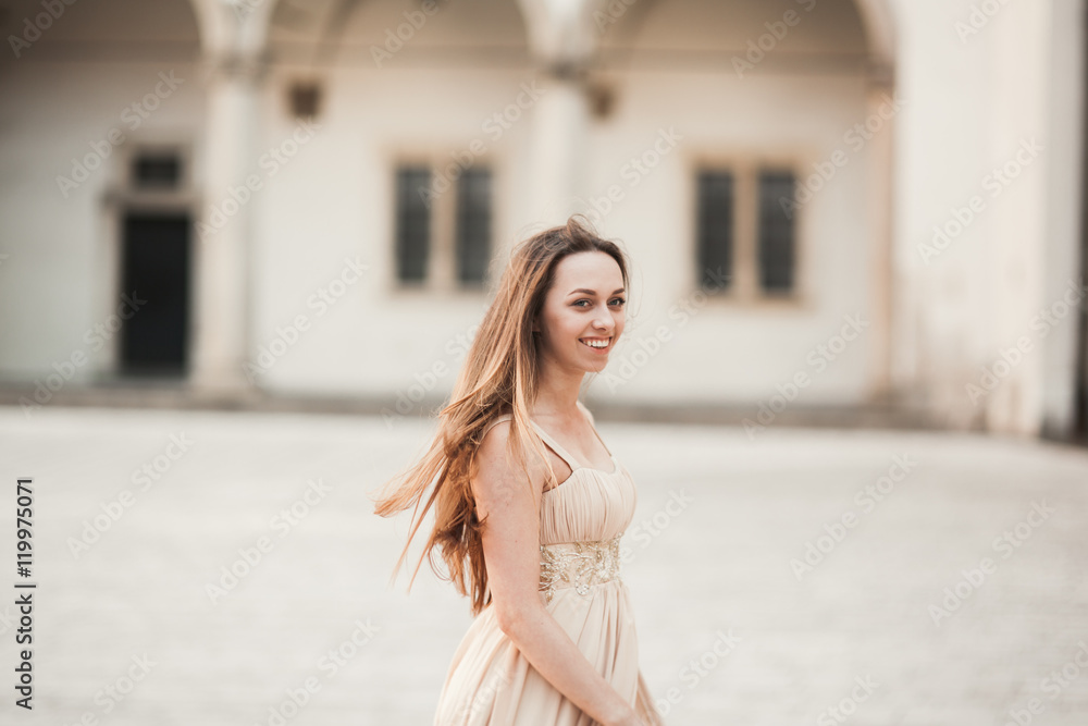 Beautiful girl, model with long hair posing in old castle near columns. Krakow Vavel