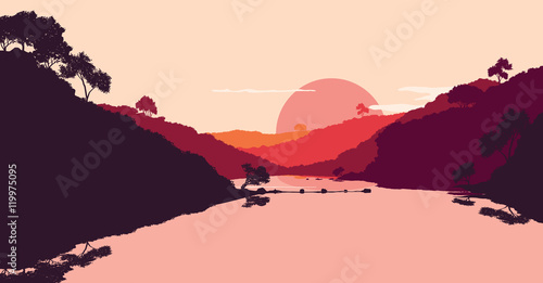 Flat landscape of mountain, lake and forest in evening, in warm colors, in orange tone, Vector illustration.