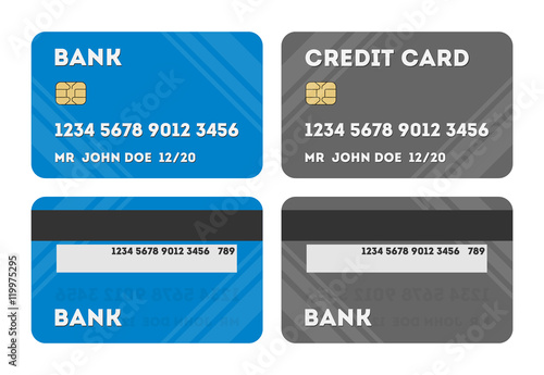 Two isolated credit cards. Silver and blue credit or debit plastic cards on white background. Two sides of card. Shopping with credit card.