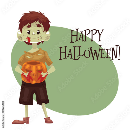 Happy boy dressed as monster for Halloween with a pumpkin in his hands, cartoon style vector illustration isolated on white background. Monster, zombie fancy dress idea. Trick or treat Halloween card