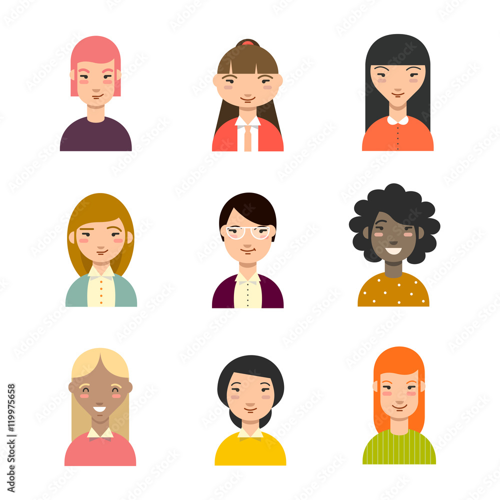 Set of diverse women avatars. Business avatars set. Different nationalities, clothes, hair styles. Vector. Set of diverse women avatars. Business avatars set. Different nationalities, clothes, hair styles. Vector.