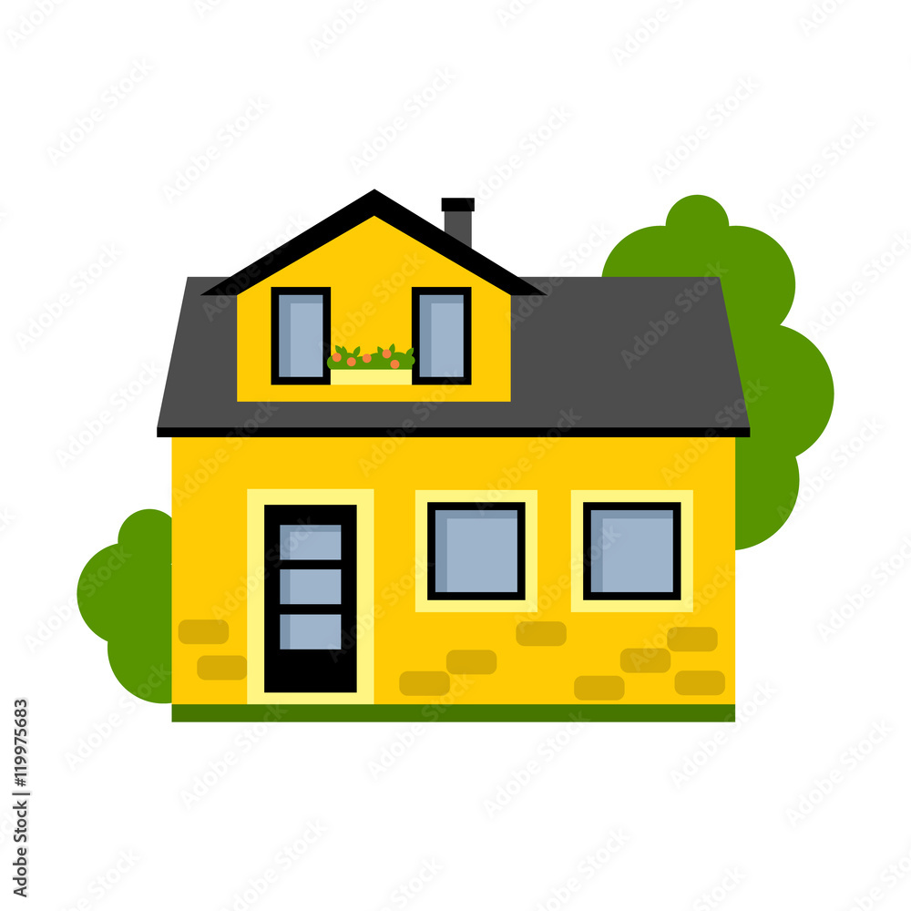 Isolated yellow house. Simple suburban house. Concept of real estate, property and ownership. Isolated yellow house. Simple suburban house. Concept of real estate, property and ownership.