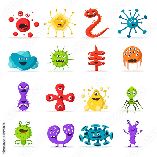 Set of bacteria characters. Cartoon vector illustration. Microbiology