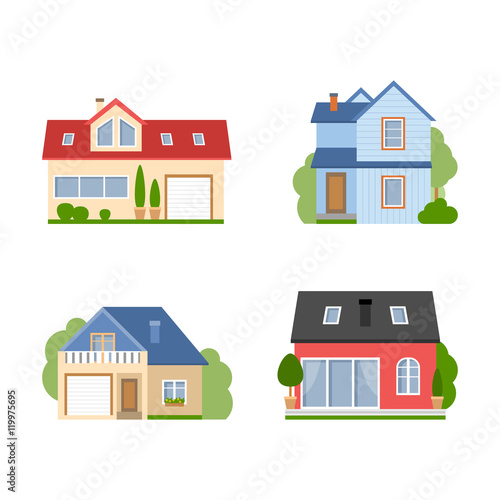 Isolated house set. Simple suburban house. Concept of real estate, property and ownership. Four different colorful houses.