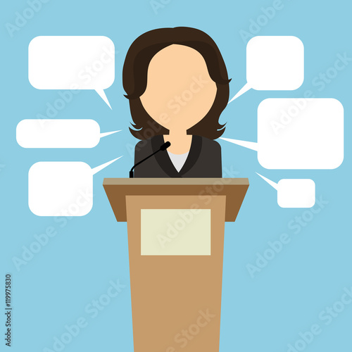 Female speaker with speech bubbles. Concept of debates, seminar or election. Politician speaker with podium.