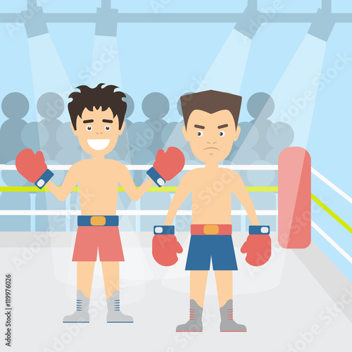 Men at the ring. Two boxers at the boxing ring. Winner and looser. Boxers in red gloves. Concept of winning, leadership and hard work.