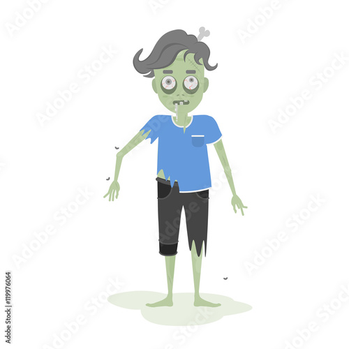 Isolated scary zombie. Green zombie with bone. Scary reanimated monster for halloween decoration.