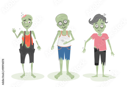 Isolated scary zombie set. Green zombies with brain, bone and spit. Scary reanimated monster for halloween decoration.