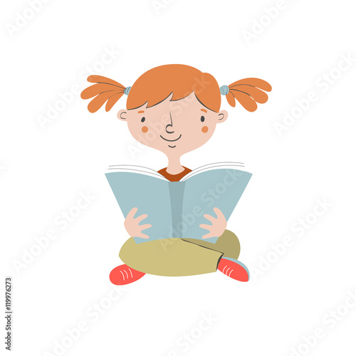 Vector cartoon illustration of girl reading open book sitting on floor. Cute child character.