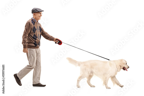 Mature man walking his dog