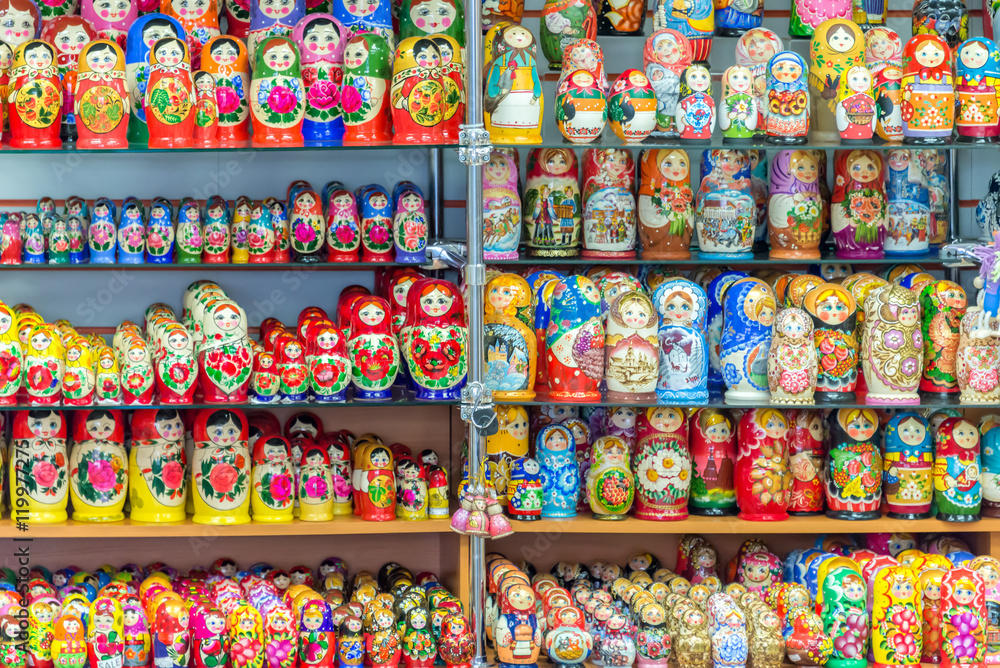 Display of colorful russian dolls (matriockkas) in Russia