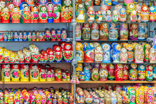Display of colorful russian dolls (matriockkas) in Russia