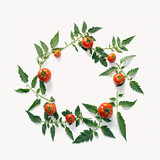 Template for your design. Composition of tomatos and leaves. The concept of  organic food, healthy eating and a healthy lifestyle.