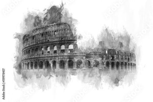 Monochrome watercolor painting of the Colosseum