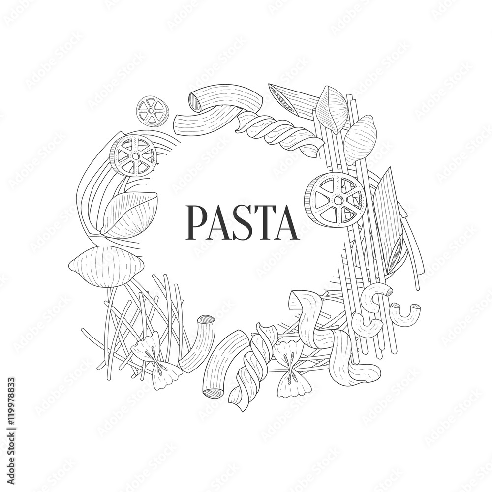 Different Kinds Of Pasta Round Frame Hand Drawn Realistic Sketch