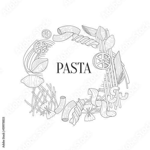 Different Kinds Of Pasta Round Frame Hand Drawn Realistic Sketch