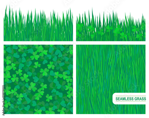 Set of seamless patterns vector green grass and clover leaves. Horizontal and square texture. Isolated on white background.