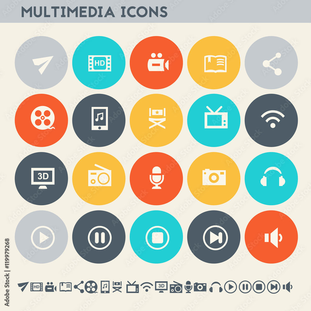Multimedia icons. Multicolored flat buttons Multimedia icons. Multicolored flat buttons