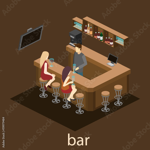 Isometric 3D flat interior of bar or pub.