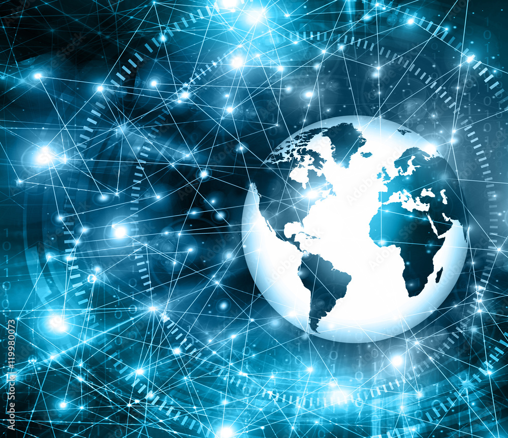 Obraz premium Best Internet Concept of global business. Globe, glowing lines on technological background. Electronics, Wi-Fi, rays, symbols Internet, television, mobile and satellite communicationsblue blur