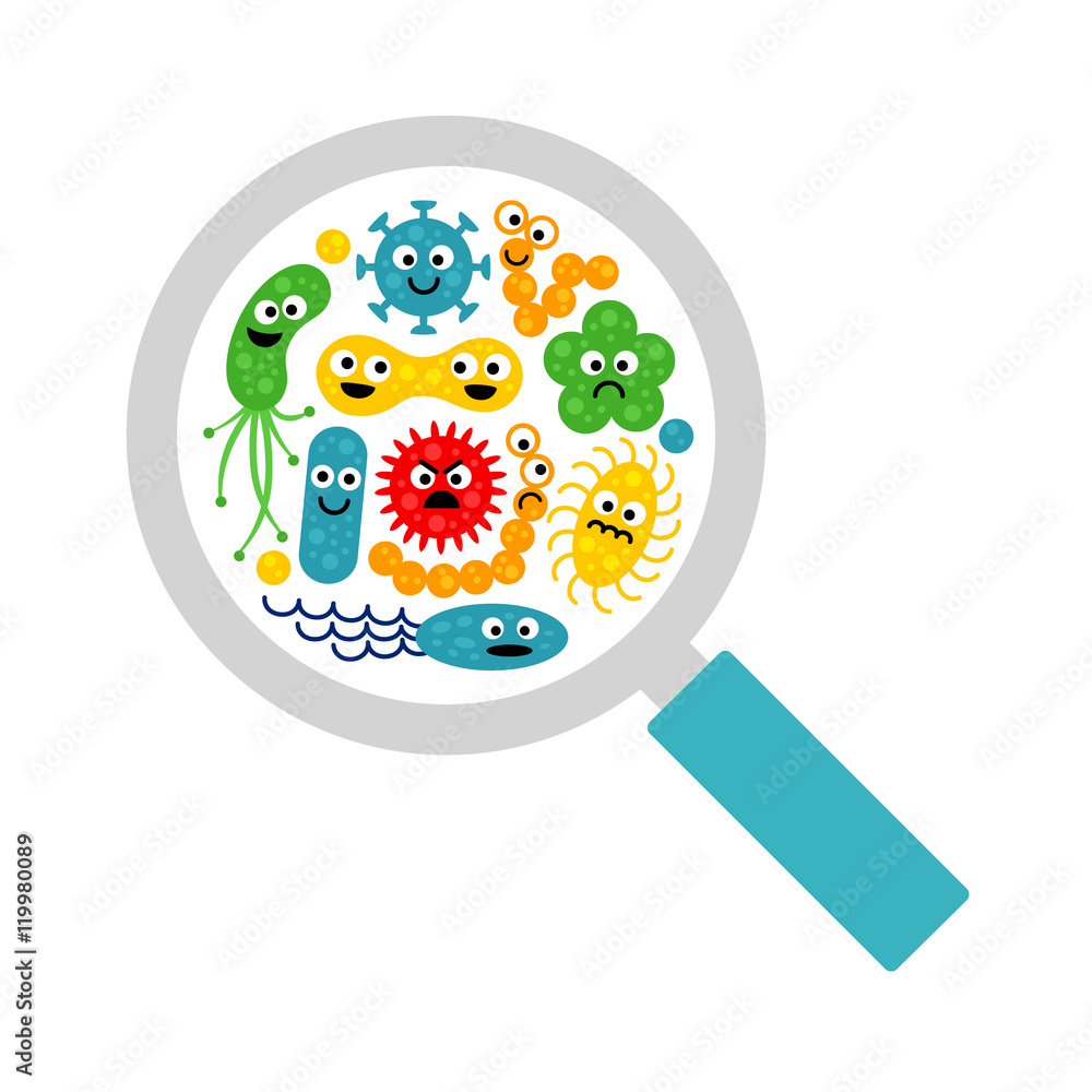 Image of magnifier and cute funny bacterias, germs Stock Vector | Adobe ...