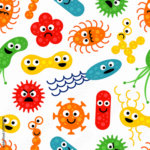 Seamless pattern with cute colorful funny bacterias  germs