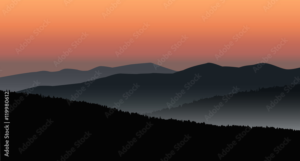 Panorama of mountains. Silhouette of mountains and coniferous trees on the background of colorful sky.