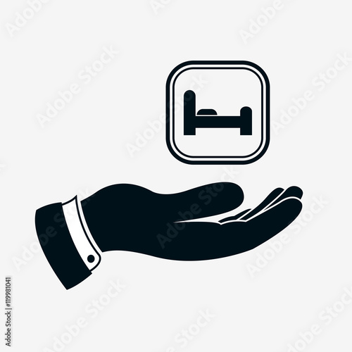Hotel concept. Hand and bed sign. Rest icon. Hotel sign above hand. Illustration of hand which giving or offering a hotel service and sleep. Vector isolated illustration.
