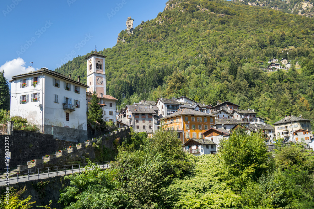 Panoramic view of Boccioleto, small village in the Valsesia alpine valley in Piedmont Italy.