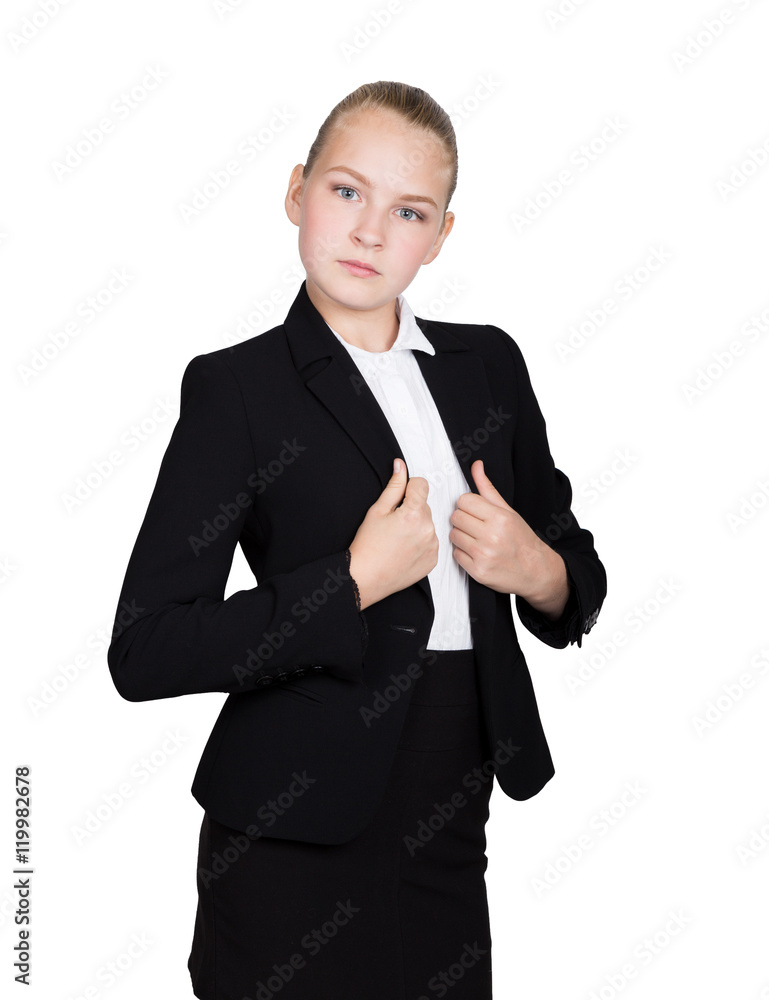 Little business woman. Studio portrait of child girl in business style. Studio isolated on a white background. Little business woman. Studio portrait of child girl in business style. Studio isolated on a white background.