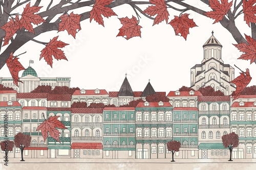 Tbilisi in autumn - hand drawn colorful illustration of the city with red maple branches