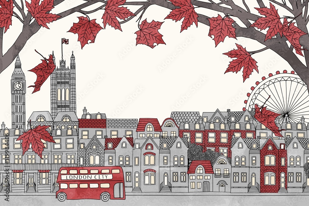 London in autumn - hand drawn colorful illustration of the city with red maple branches