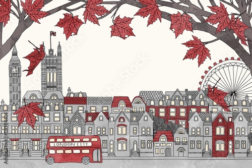 London in autumn - hand drawn colorful illustration of the city with red maple branches