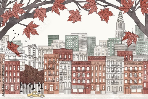 New York in autumn - hand drawn colorful illustration of the city with orange-brown maple branches