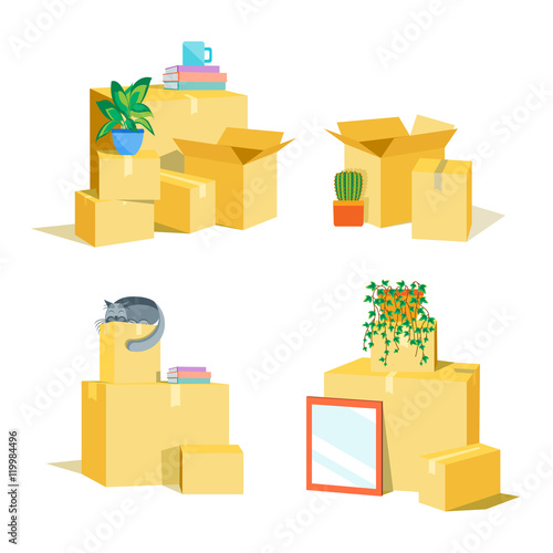 Cardboard Boxes for Moving Set. Vector